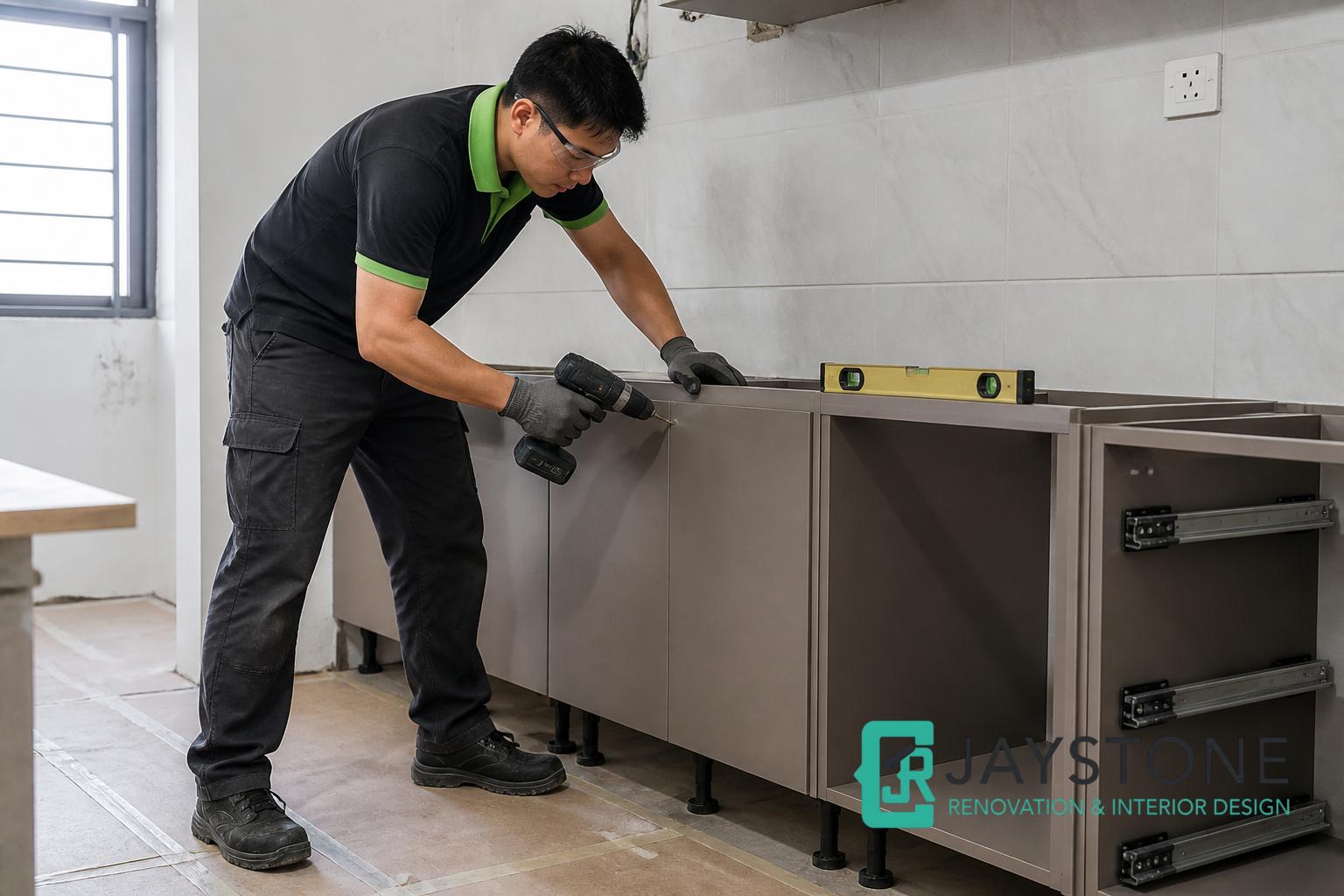 Kitchen renovation with custom quartz countertop and carpentry in Singapore
